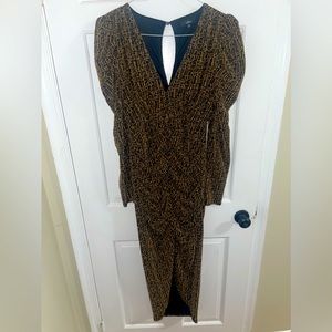 Party Glam Metallic Copper Long Sleeve Ruched Midi Dress